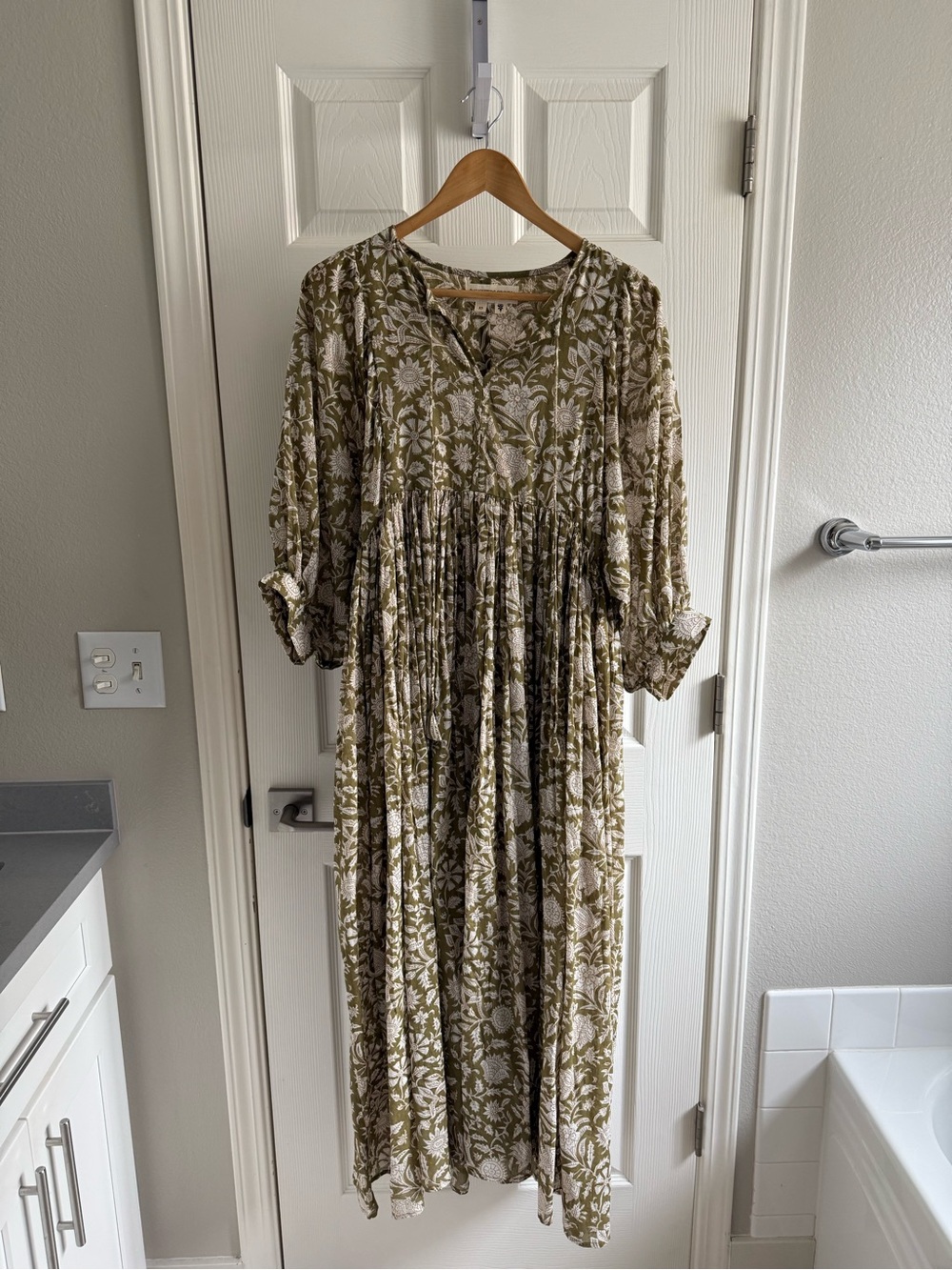 Daughters of India Olive & White Floral Maxi Dress